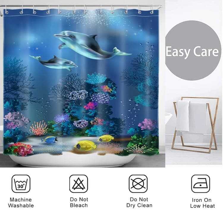 Waterproof Shower Curtain with Sea Turtle and Dolphin Motif, 180x200 cm, Dark Blue, Mildew Resistant V1188-MS-325-0773