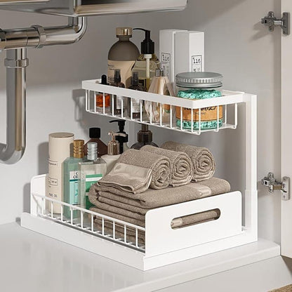 2-Tier White Storage Shelf Spice Rack for Kitchen Bathroom Drawer Organization V1188-MS-325-0798