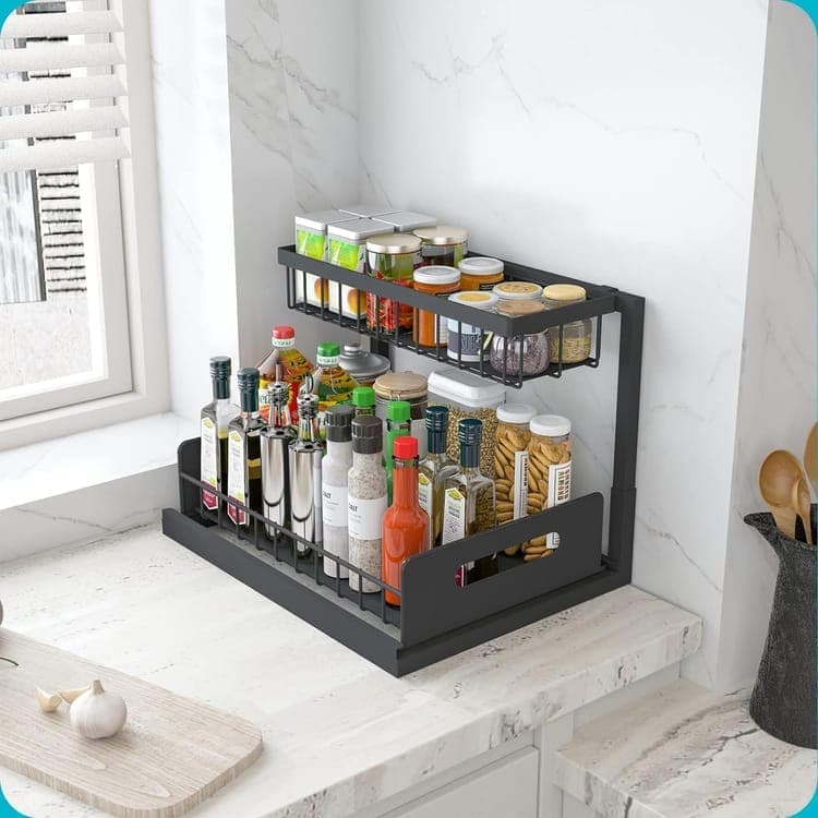 2-Tier Storage Shelf Spice Rack for Kitchen Bathroom Drawer Organization, Black V1188-MS-325-0799