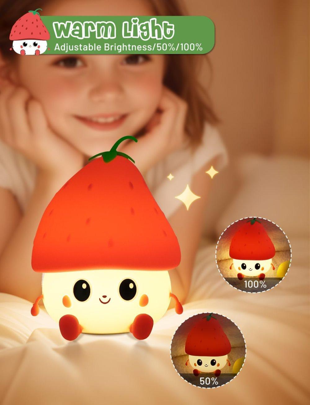 Strawberry LED Night Light USB Rechargeable Dimmable for Kids Baby Girls, Red, Silicone V1188-MS-325-0800