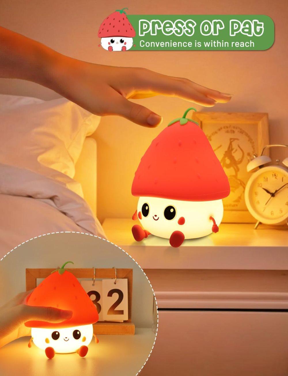 Strawberry LED Night Light USB Rechargeable Dimmable for Kids Baby Girls, Red, Silicone V1188-MS-325-0800