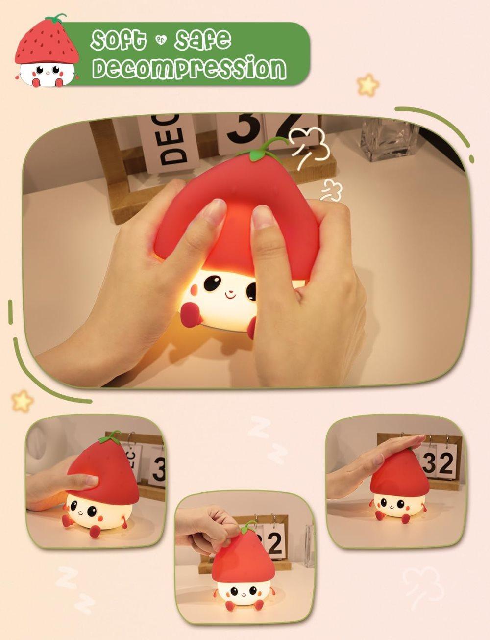 Strawberry LED Night Light USB Rechargeable Dimmable for Kids Baby Girls, Red, Silicone V1188-MS-325-0800