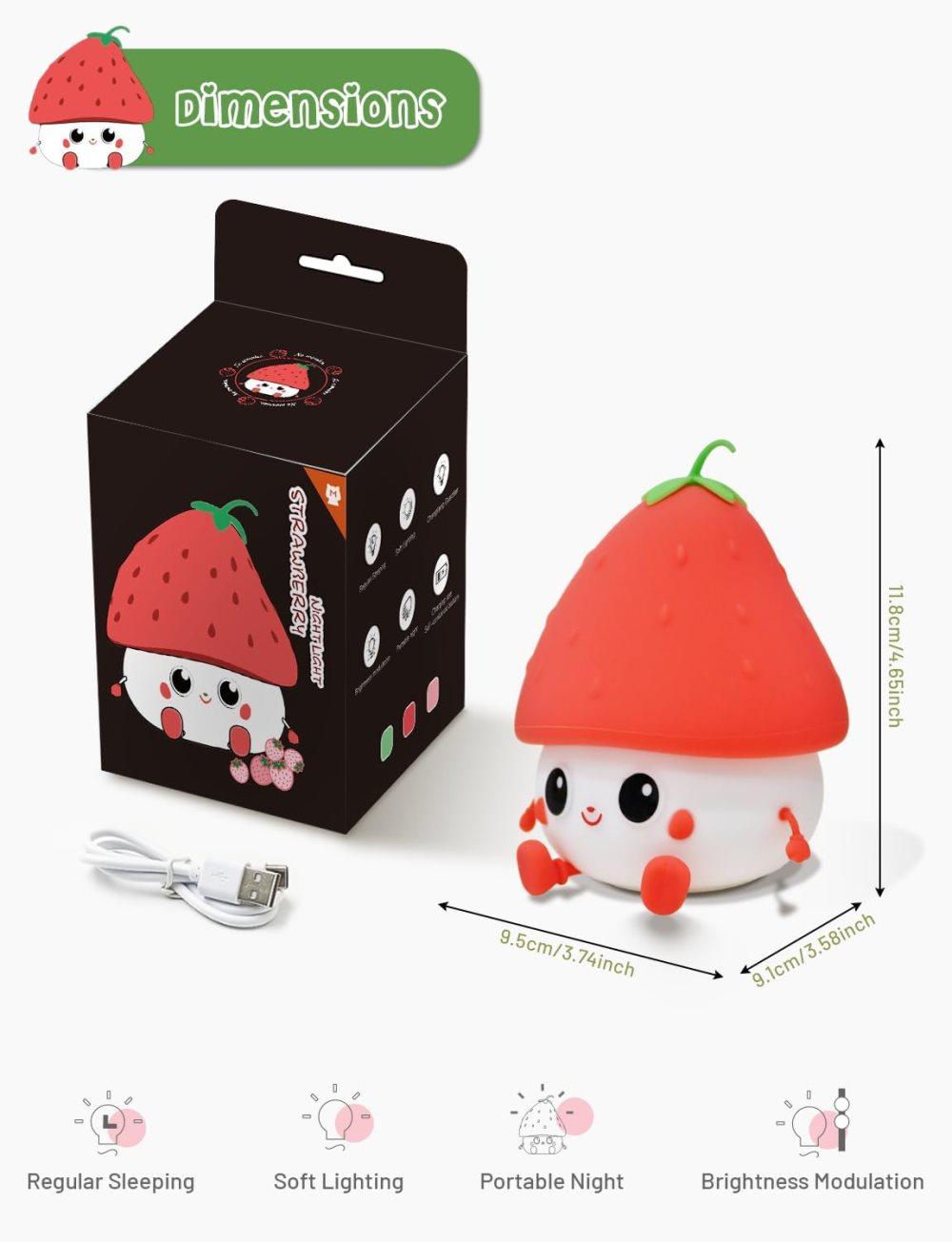 Strawberry LED Night Light USB Rechargeable Dimmable for Kids Baby Girls, Red, Silicone V1188-MS-325-0800