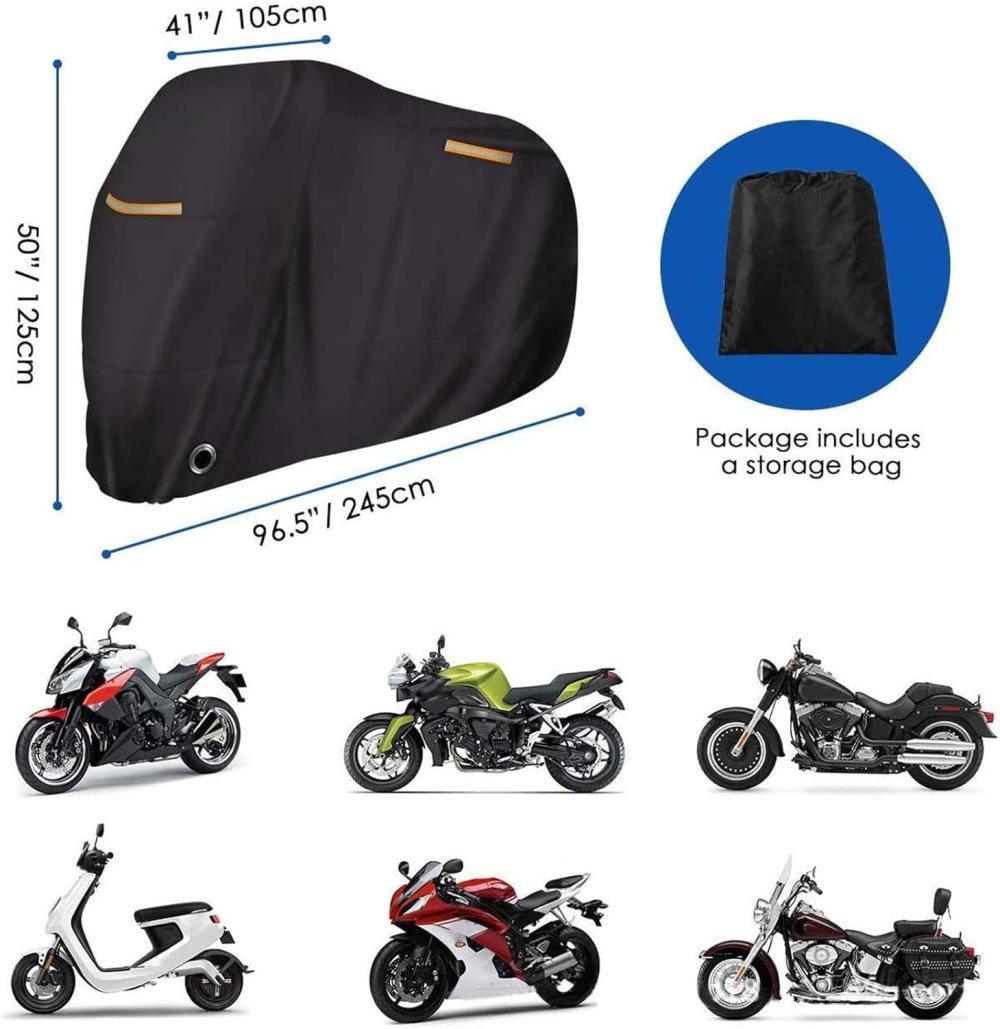 Waterproof Motorcycle Cover with Reflective Strips and Lock Holes, Black, with Storage Bag V1188-MS-325-0807