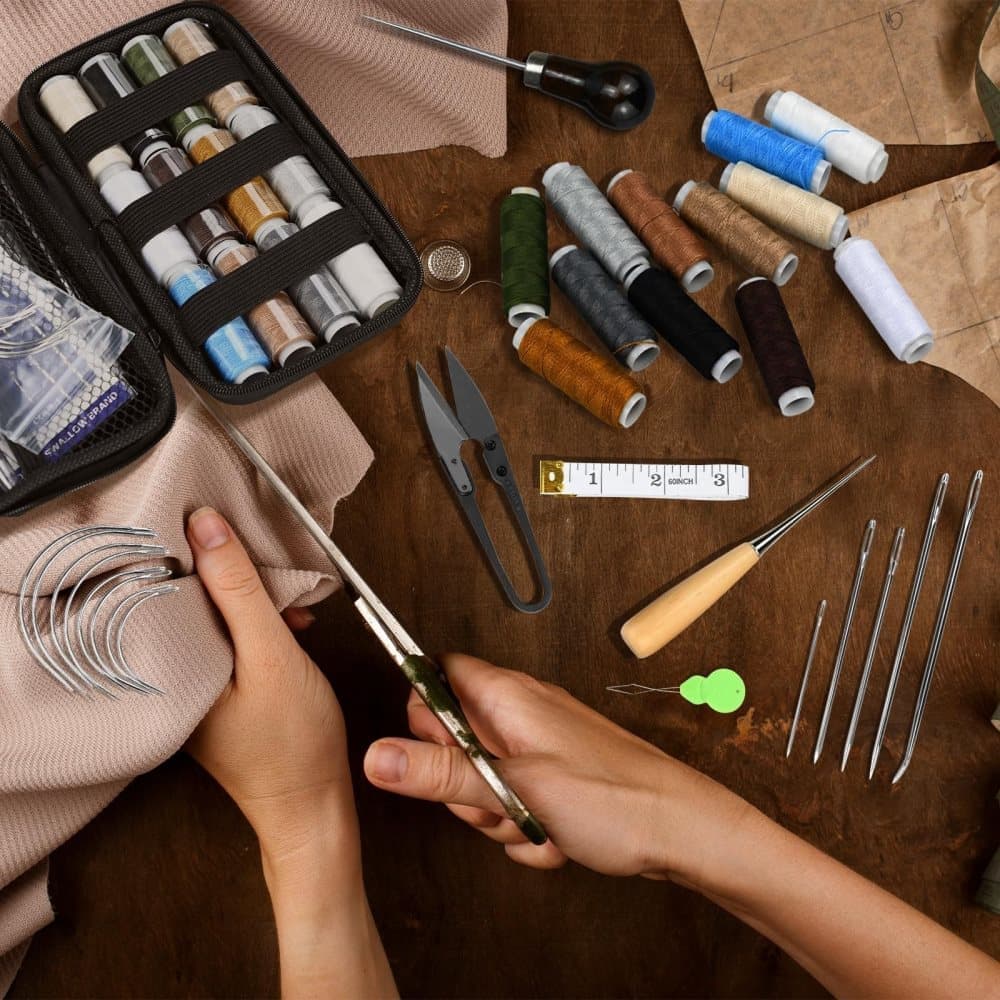48-Piece Leather Sewing Kit with Needles, Scissors, Measuring Tape, Rivets and 12 Thread Colors V1188-MS-325-0837