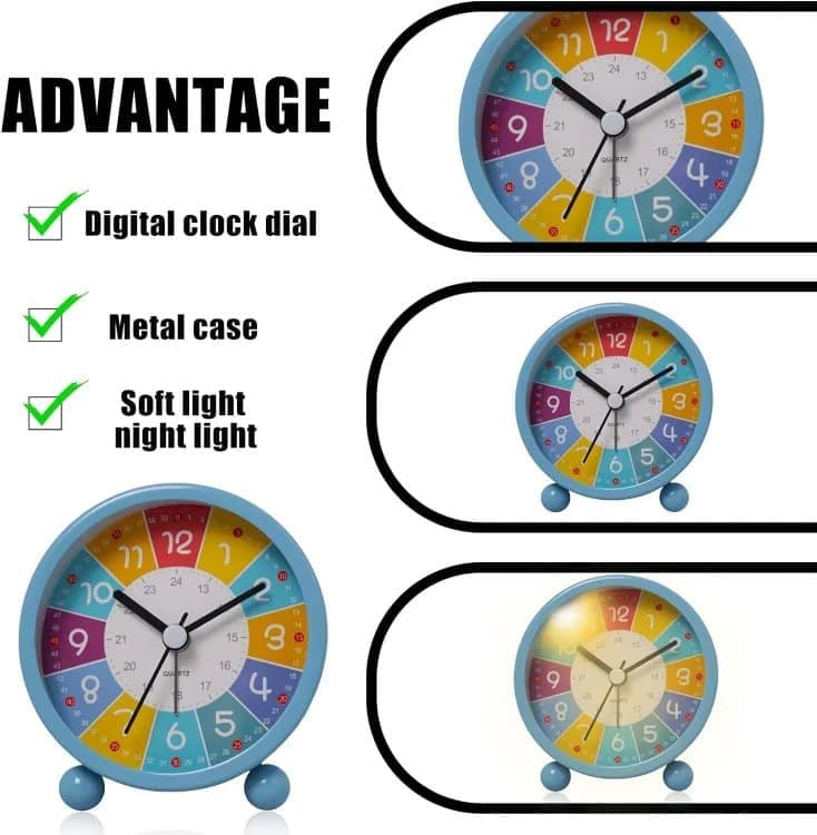 Silent Alarm Clock with Night Light for Children, Round, 8cm, Blue V1188-MS-325-0853