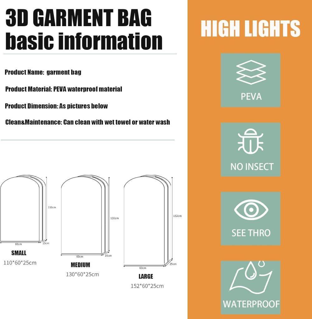 3-pack Transparent Dustproof Garment Storage Bag with Zipper for Wardrobe, PEVA Material, 60 x 25 x 153cm V1188-MS-325-0887