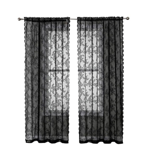 1 Pair Black Lace Curtain Semi-sheer Vintage Floral Pattern for Bedroom and Living Room, 100cm x 100cm V1188-MS-325-0899