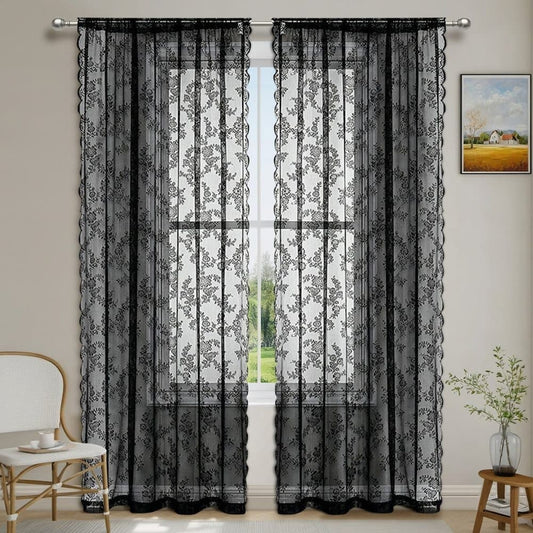 1 Pair Black Lace Curtain Semi-sheer Vintage Floral Pattern for Bedroom and Living Room, 100cm x 100cm V1188-MS-325-0899