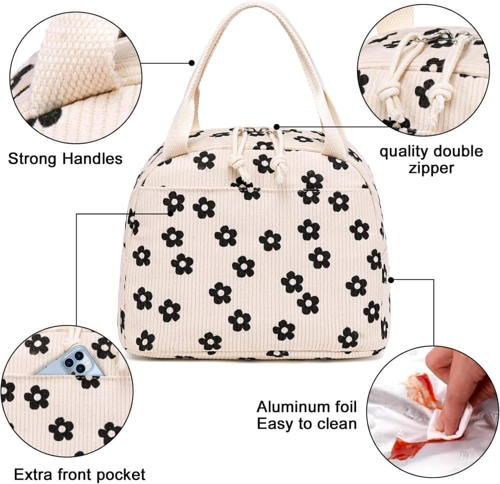 Insulated Corduroy Lunch Bag Cooler Leak-proof for Picnics and Work, 26cm V1188-MS-325-0909