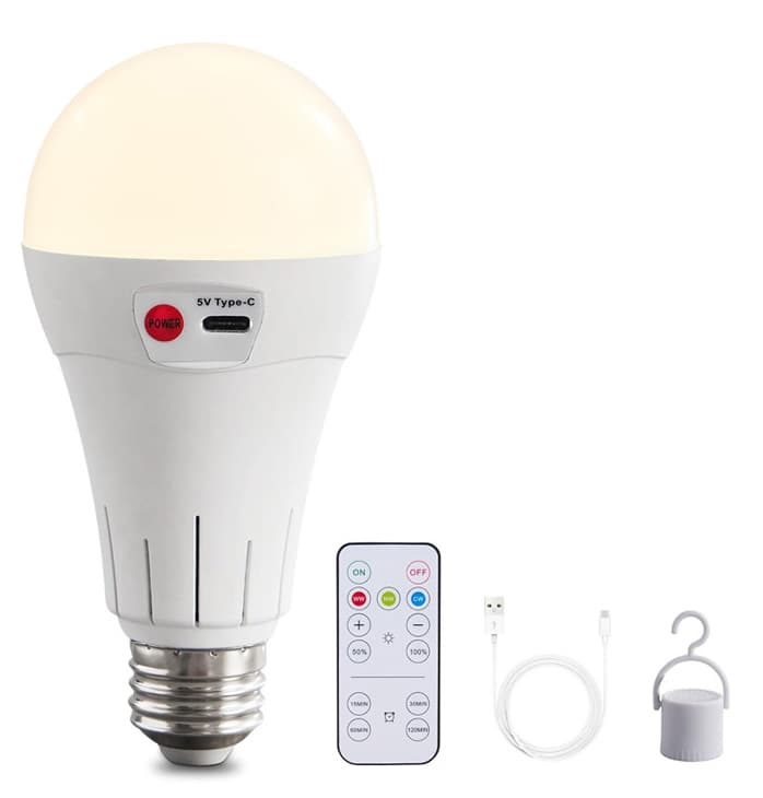 Rechargeable LED Bulb with 3 Color Temperatures 3000-6500K, Dimmable, Timer and Remote Control, E27 Lamp V1188-MS-325-0932