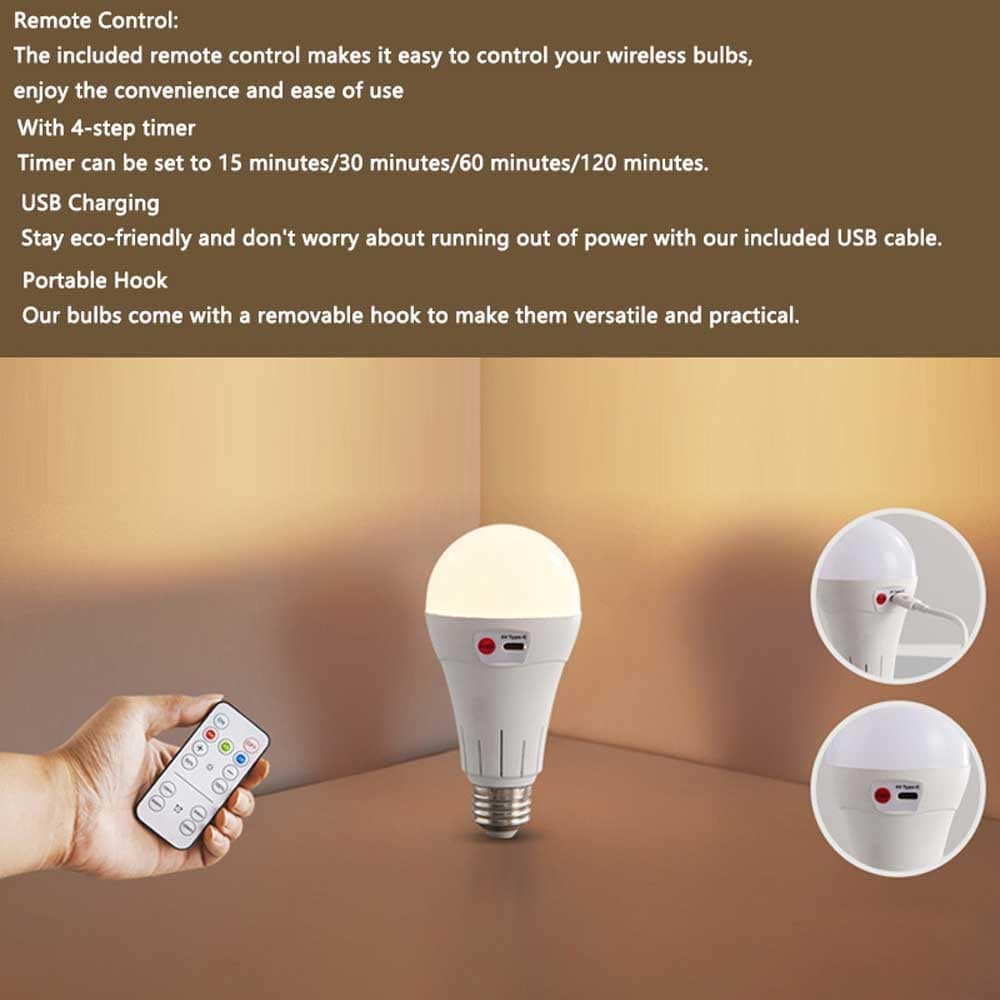 Rechargeable LED Bulb with 3 Color Temperatures 3000-6500K, Dimmable, Timer and Remote Control, E27 Lamp V1188-MS-325-0932