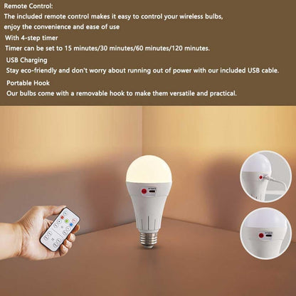 Rechargeable LED Bulb with 3 Color Temperatures 3000-6500K, Dimmable, Timer and Remote Control, E27 Lamp V1188-MS-325-0932