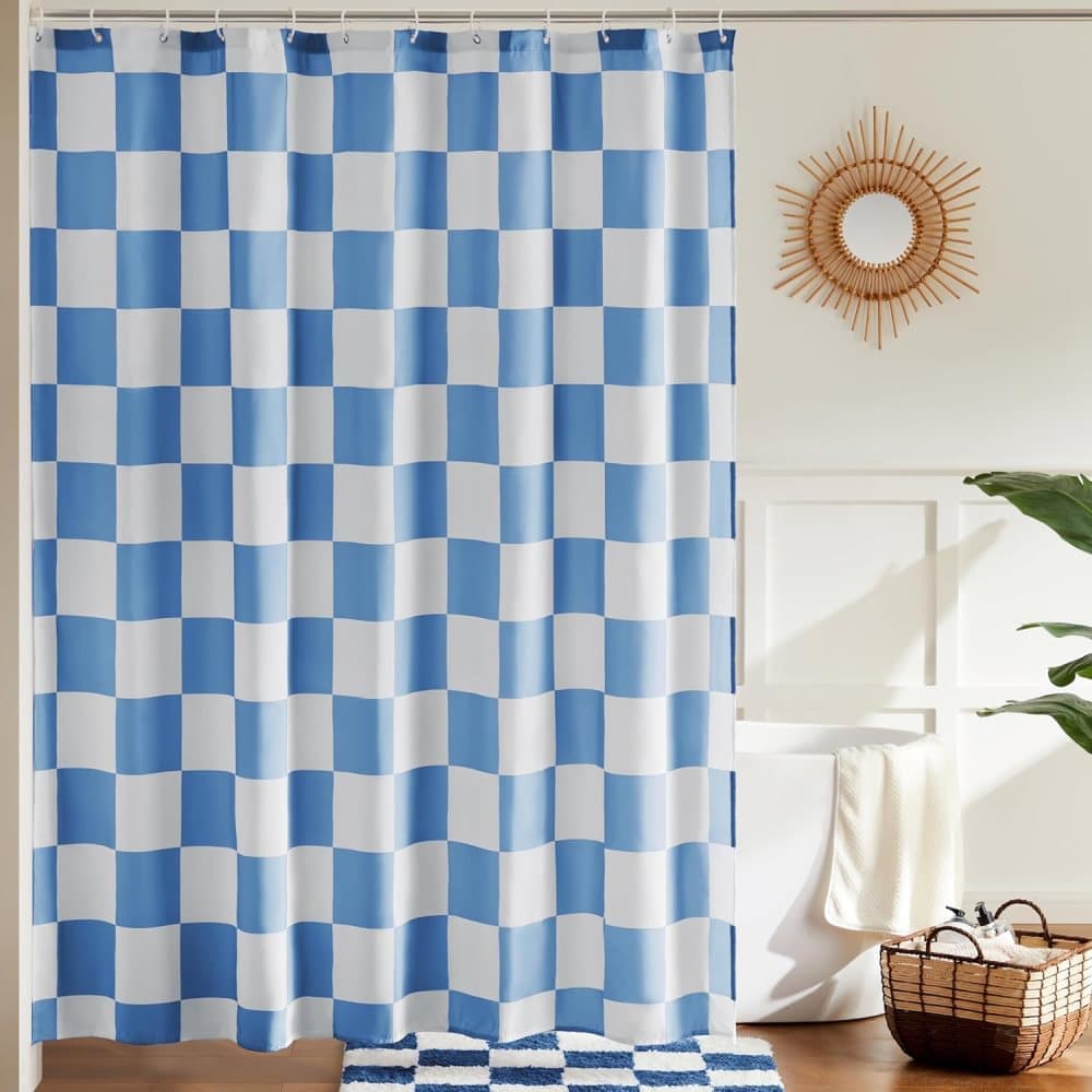 Checkered Shower Curtain, Retro Chess Pattern Vintage Aesthetics for Bathroom, Blue, 180x180 cm V1188-MS-325-0948