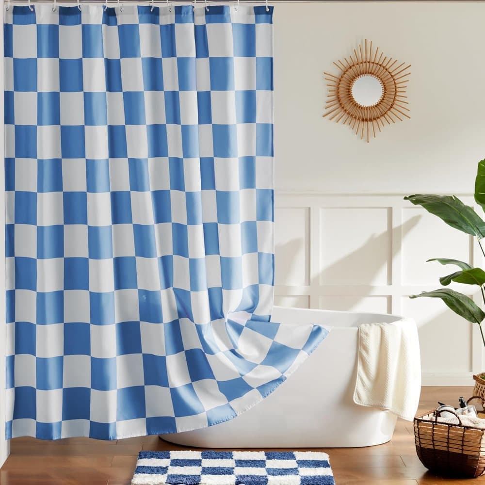 Checkered Shower Curtain, Retro Chess Pattern Vintage Aesthetics for Bathroom, Blue, 180x180 cm V1188-MS-325-0948