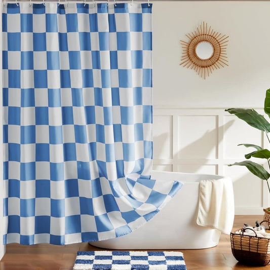 Checkered Shower Curtain, Retro Chess Pattern Vintage Aesthetics for Bathroom, Blue, 180x180 cm V1188-MS-325-0948