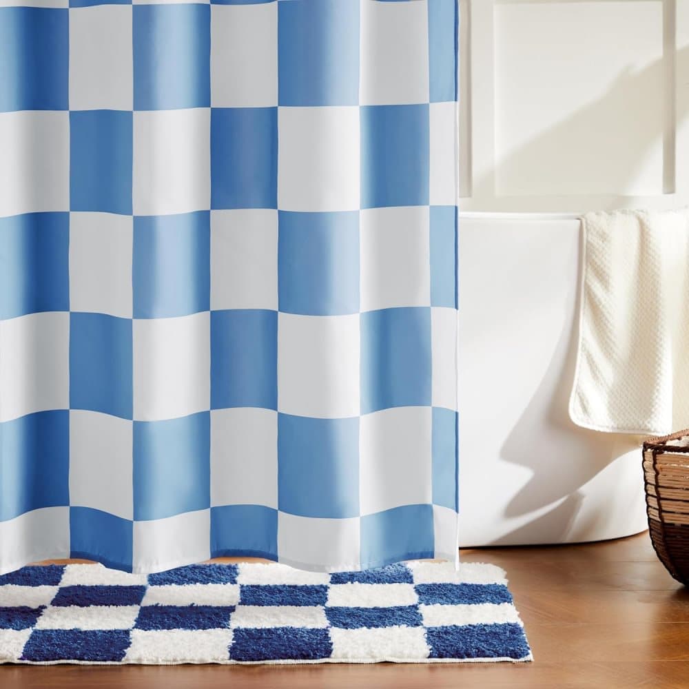 Checkered Shower Curtain, Retro Chess Pattern Vintage Aesthetics for Bathroom, Blue, 180x180 cm V1188-MS-325-0948