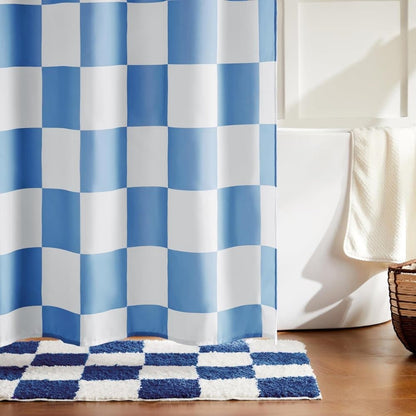 Checkered Shower Curtain, Retro Chess Pattern Vintage Aesthetics for Bathroom, Blue, 180x180 cm V1188-MS-325-0948