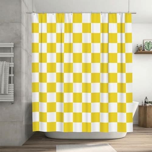 Checkered Shower Curtain 180x180 cm, Retro Chess Pattern Vintage Aesthetics for Bathroom, Yellow V1188-MS-325-0952