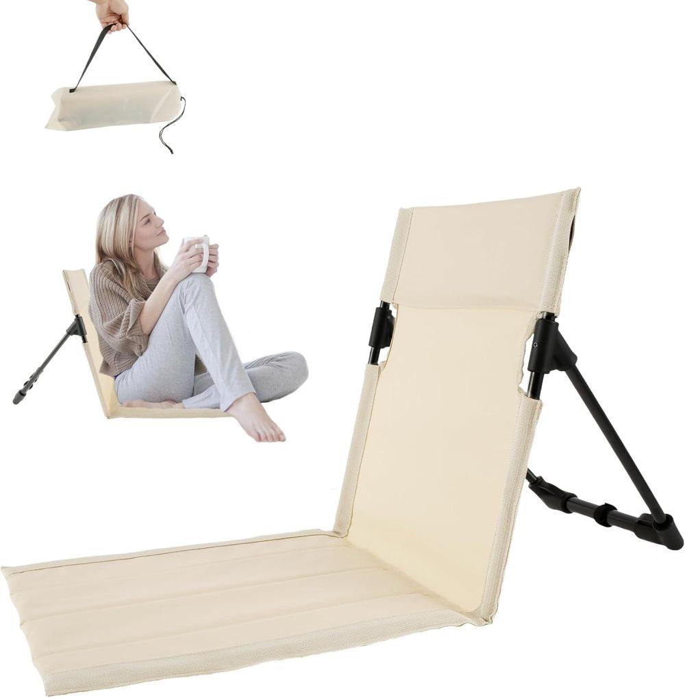 Foldable Beach Chair with Storage Bag, Collapsible Sun Lounger, Lightweight Camping Chair, Beige V1188-MS-325-0977