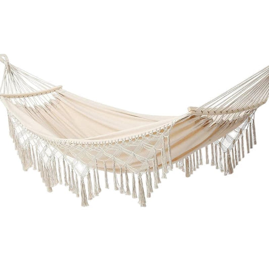 2-Person Bohemian Hammock with Fringes, 500 lbs Capacity, Cotton, Portable for Garden Patio Camping, V1188-MS-325-0987