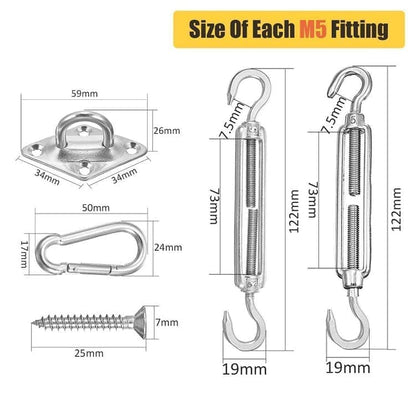 Sunshade Mounting Kit with Hooks Brackets Tension Screws Carabiners and Pad Eyes V1188-MS-325-0989