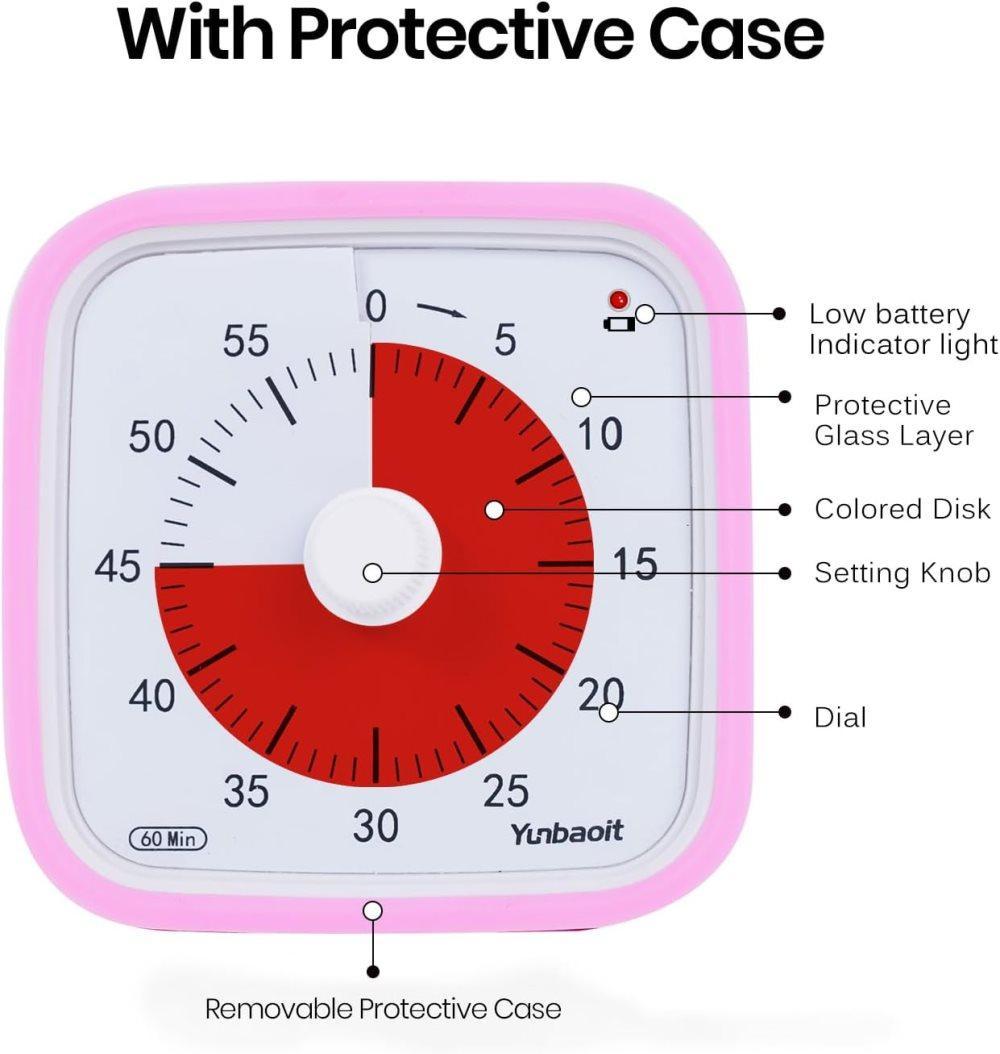 60 Minute Visual Timer for Kids and Classrooms, Adjustable Volume, Pink, 10x10 cm V1188-MS-325-0999