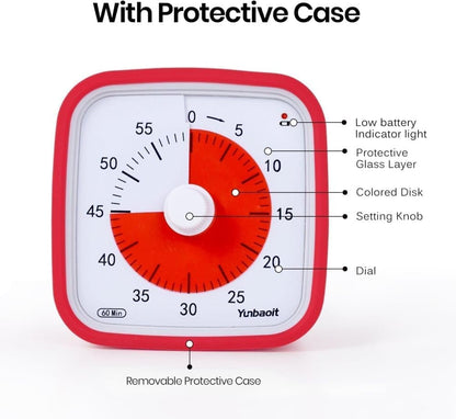 60 Minutes Visual Timer for Classrooms and Kids, Adjustable Volume, 10x10 cm, Red V1188-MS-325-1001