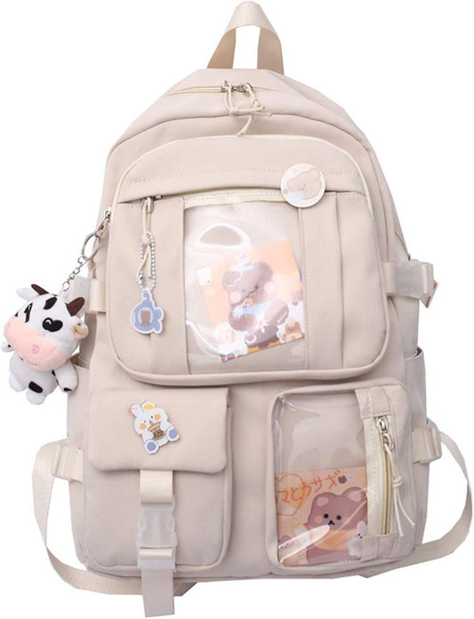 1 Children's Cute Beige Backpack with Pins and Plush Pendant, Waterproof School Travel Backpack for Girls V1188-MS-325-1098