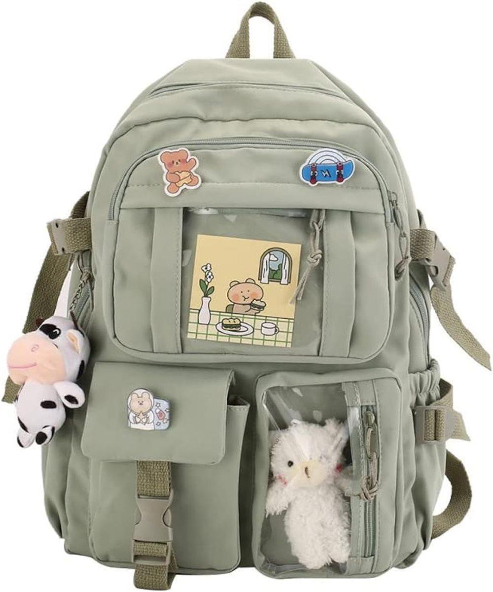 1 Children's Cute Backpack with Pins and Plush Pendant, Green, Waterproof School Backpack for Girls V1188-MS-325-1099