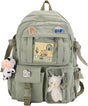 1 Children's Cute Backpack with Pins and Plush Pendant, Green, Waterproof School Backpack for Girls V1188-MS-325-1099