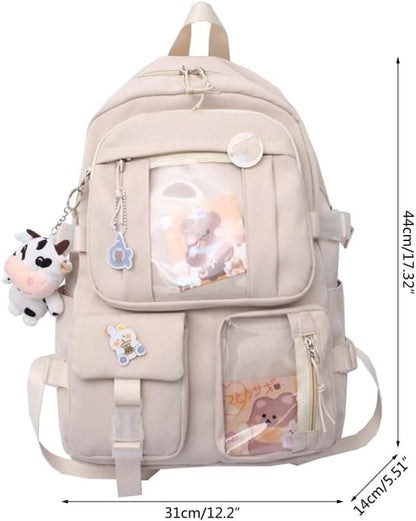 1 Children's Cute Backpack with Pins and Plush Pendant, Green, Waterproof School Backpack for Girls V1188-MS-325-1099