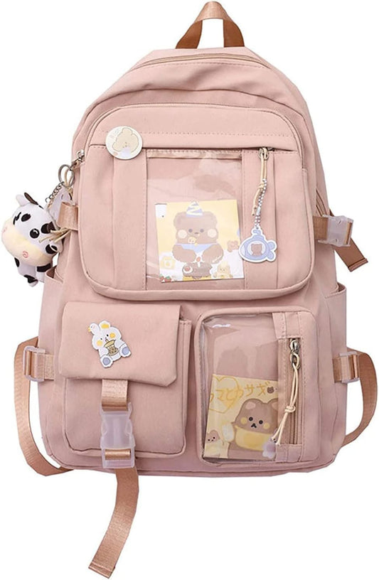 Pink Children Backpack with Pins and Plush Pendant, Spacious Waterproof School Travel Backpack for Girls V1188-MS-325-1100