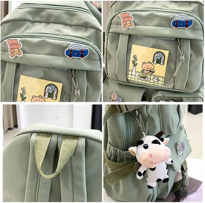 Blue Children's Backpack with Pins and Plush Pendant, Waterproof School Backpack for Girls V1188-MS-325-1101