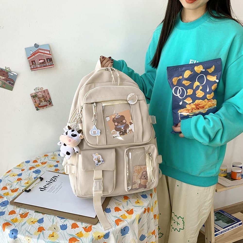 Blue Children's Backpack with Pins and Plush Pendant, Waterproof School Backpack for Girls V1188-MS-325-1101