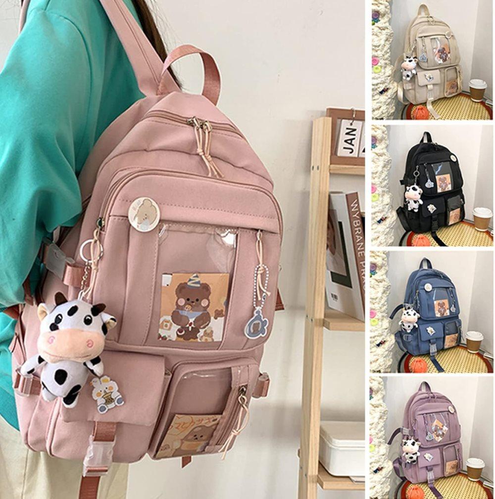Blue Children's Backpack with Pins and Plush Pendant, Waterproof School Backpack for Girls V1188-MS-325-1101