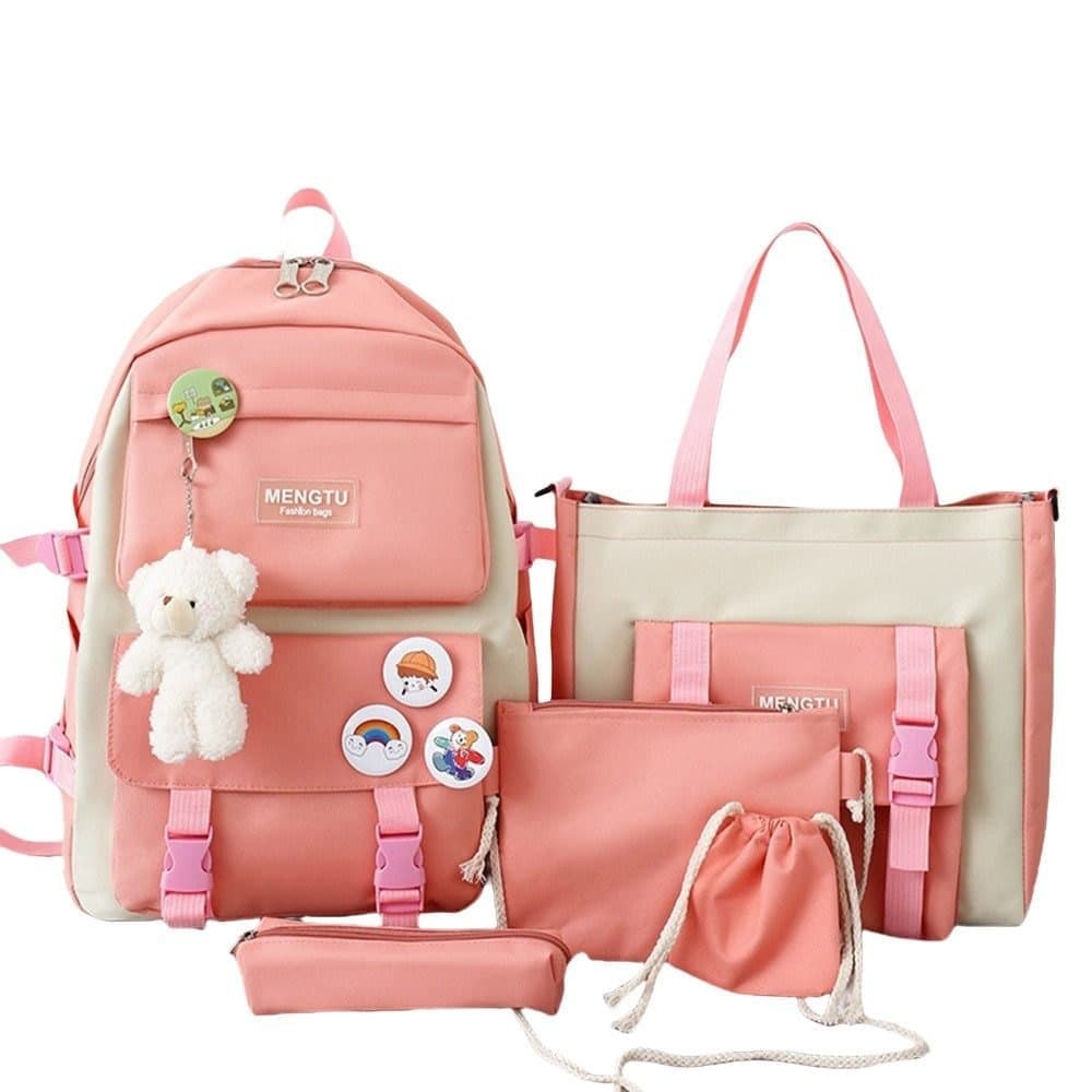 5-Piece Pink School Backpack Set for Students and Teenagers, with Pencil Case and Accessories V1188-MS-325-1117