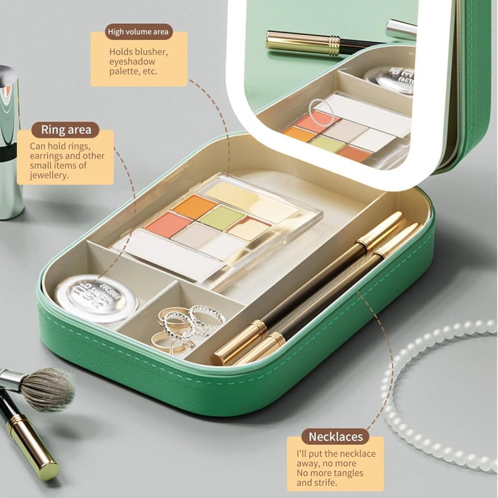 Portable Makeup Bag with LED Mirror, 3 Light Modes & Storage Compartment, Travel Cosmetic Organizer for V1188-MS-325-1119