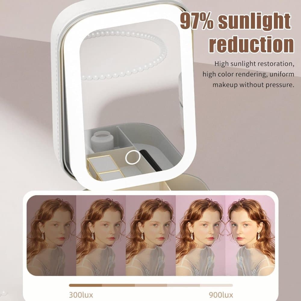 Portable Makeup Bag with LED Mirror 3 Light Modes, Travel Cosmetic Organizer for Women, White V1188-MS-325-1120
