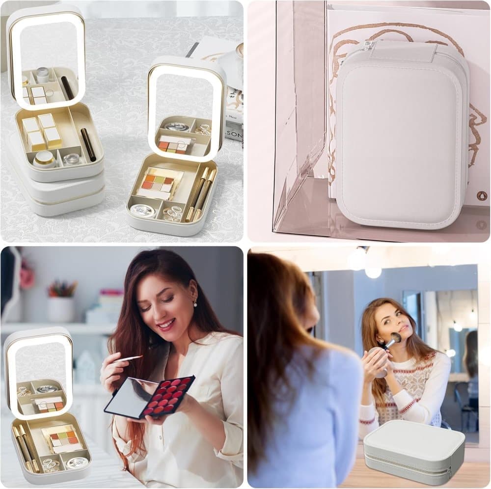 Portable Makeup Bag with LED Mirror 3 Light Modes, Travel Cosmetic Organizer for Women, White V1188-MS-325-1120