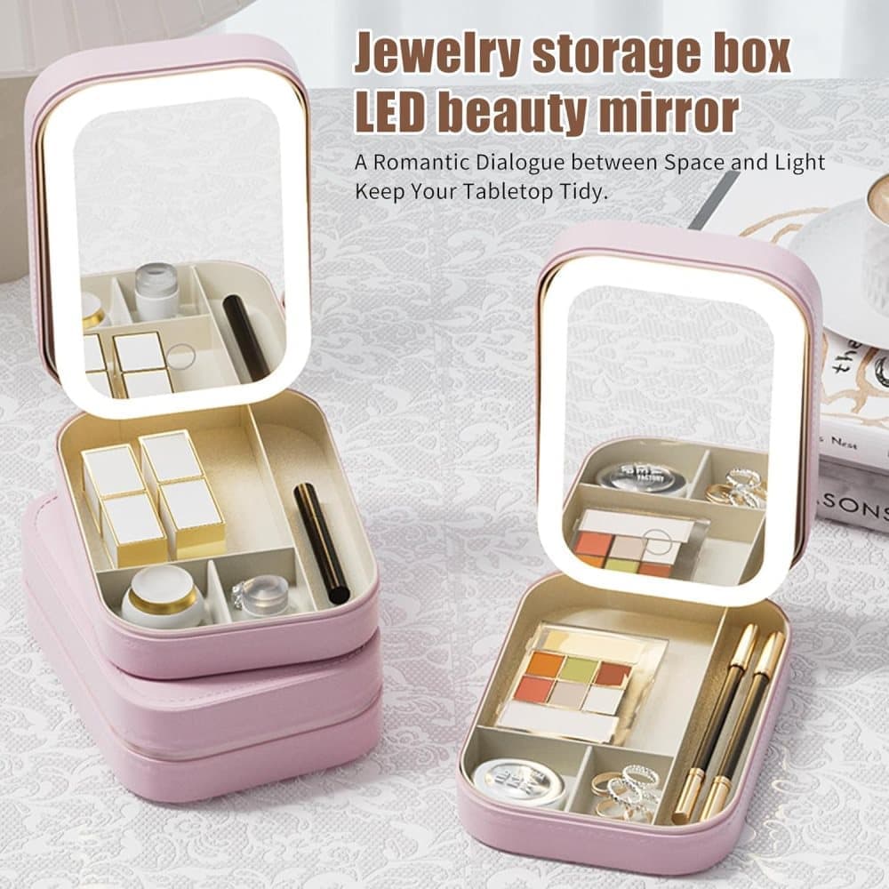 Portable Makeup Bag with LED Mirror 3 Light Modes, Travel Cosmetic Organizer for Women, Pink V1188-MS-325-1121