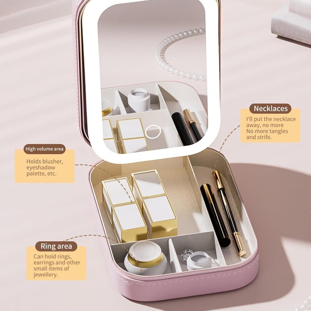 Portable Makeup Bag with LED Mirror 3 Light Modes, Travel Cosmetic Organizer for Women, Pink V1188-MS-325-1121