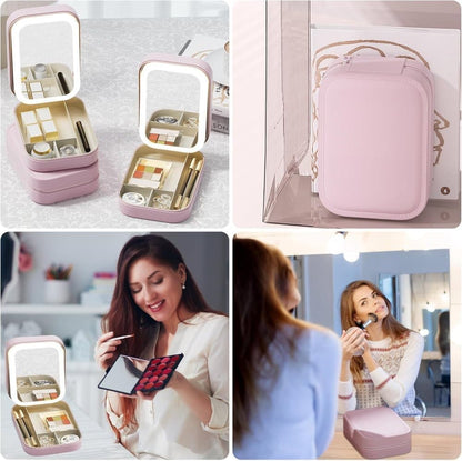 Portable Makeup Bag with LED Mirror 3 Light Modes, Travel Cosmetic Organizer for Women, Pink V1188-MS-325-1121