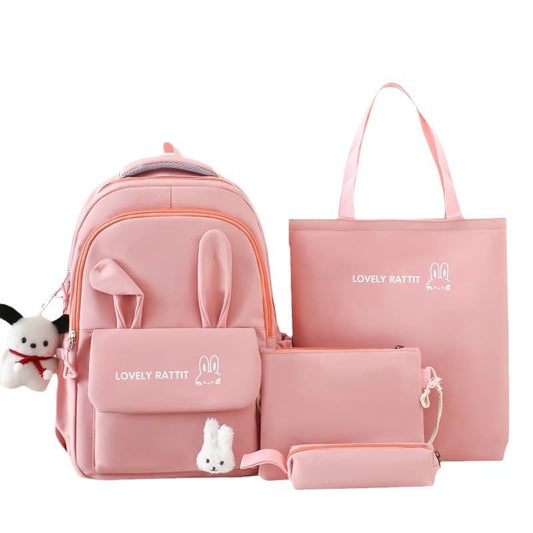 Cute Rabbit Ears School Backpack for Girls 4-Piece with Multiple Compartments Large Space, Pink, Compatible V1188-MS-325-1127
