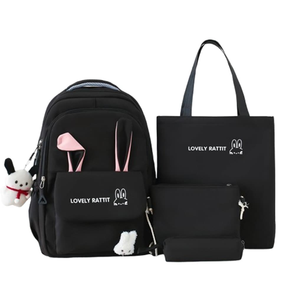 Cute Rabbit Ears Backpack for School Girls, 4-Piece, Large Space with Multiple Compartments, Black V1188-MS-325-1128