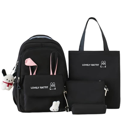Cute Rabbit Ears Backpack for School Girls, 4-Piece, Large Space with Multiple Compartments, Black V1188-MS-325-1128