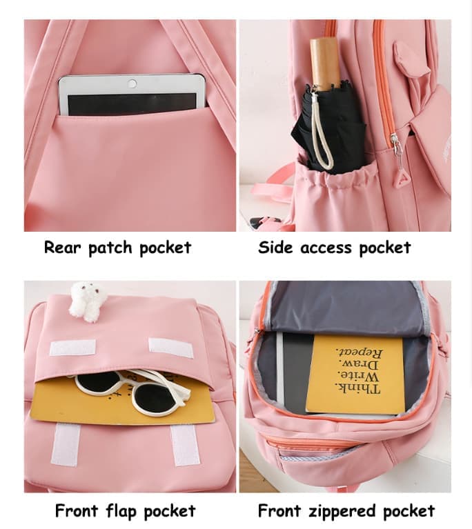 Cute Rabbit Ears Backpack for School Girls, 4-Piece, Large Space with Multiple Compartments, Black V1188-MS-325-1128