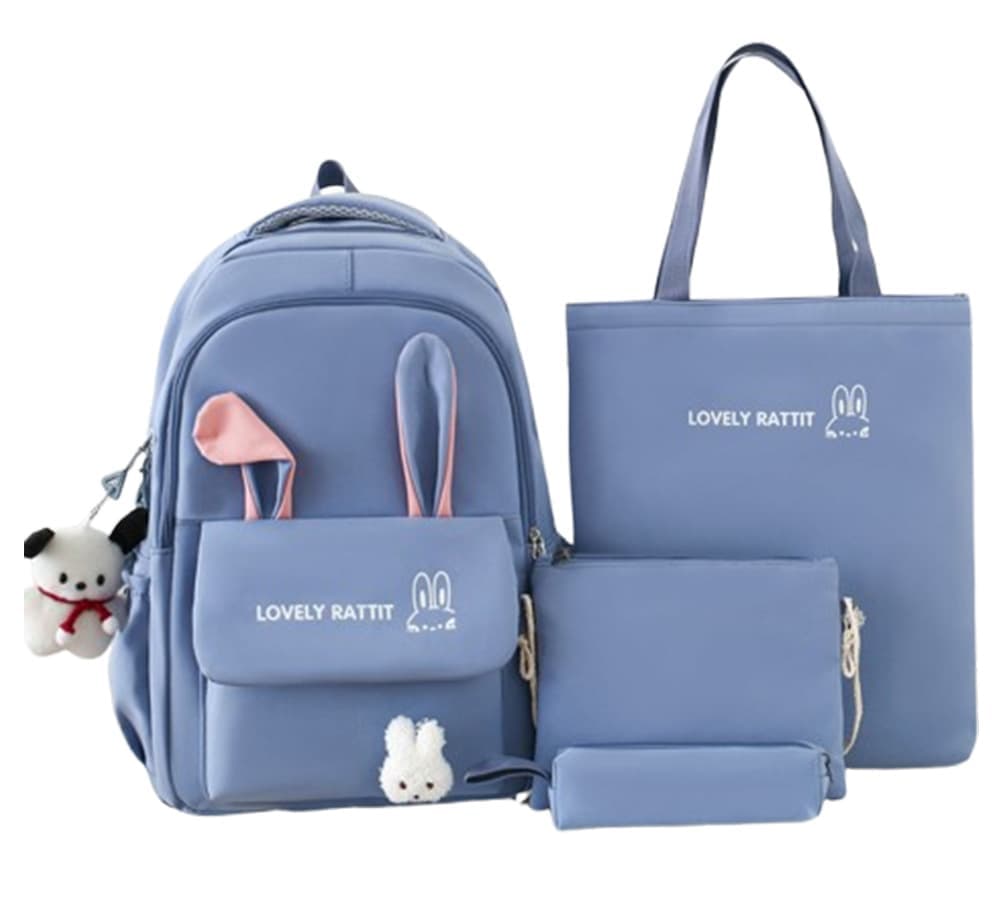Cute Rabbit Ears School Backpack for Girls 4-Piece, Large Space Multiple Compartments, Blue, with Oral-B V1188-MS-325-1129