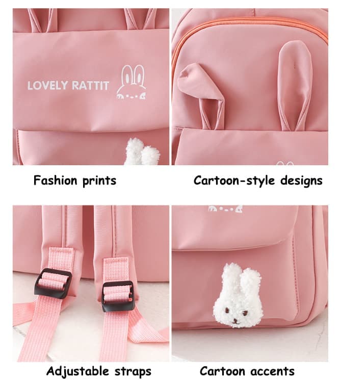 Cute Rabbit Ears School Backpack for Girls 4-Piece, Large Space Multiple Compartments, Blue, with Oral-B V1188-MS-325-1129