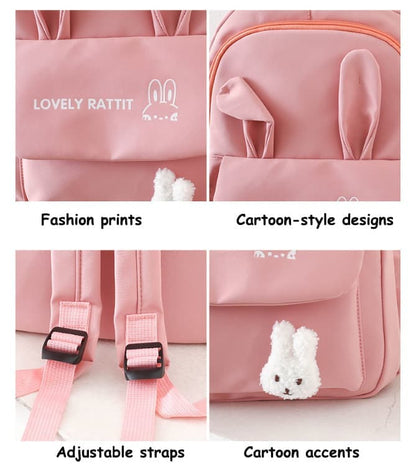 Cute Rabbit Ears School Backpack for Girls 4-Piece, Large Space Multiple Compartments, Blue, with Oral-B V1188-MS-325-1129